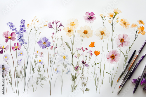 painted picture of flowers with drawing supplies, watercolours, the theme of creativity, summer, self-realisation