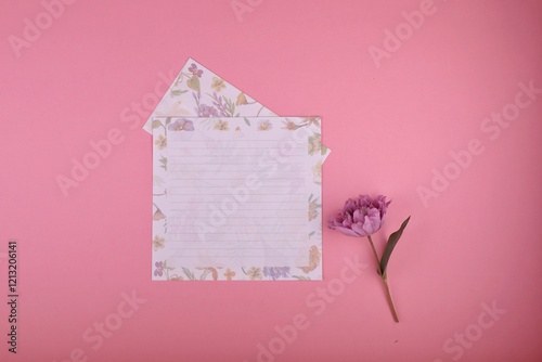 Floral envelope with a pink flower on a pink background, perfect for love and Valentine's Day photo