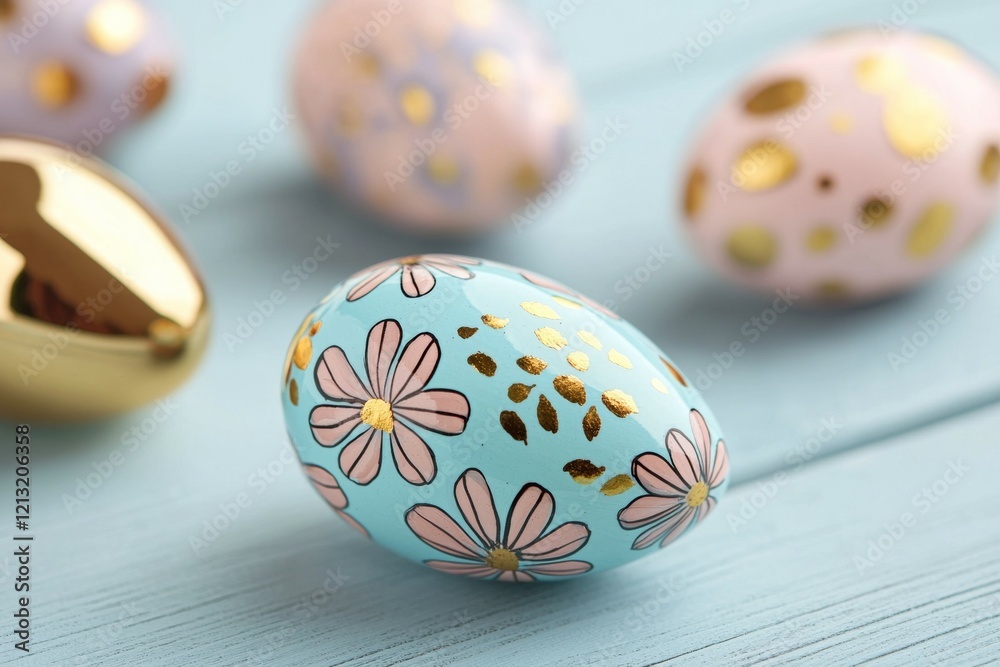Obraz premium Blue and pink egg with flowers painted on it sits on a wooden table
