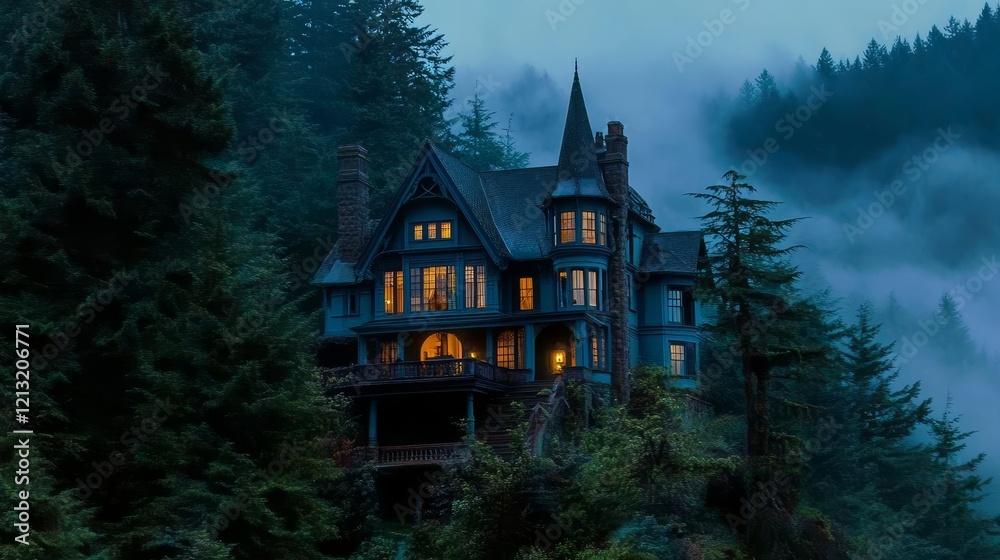 Hauntingly foggy midnight scene of an abandoned house, evoking horror and an eerie atmosphere with ghostly elements for spooky adventures Hauntingly foggy midnight scene of an abandoned house, evoking horror and an eerie atmosphere with ghostly elements for spooky adventures