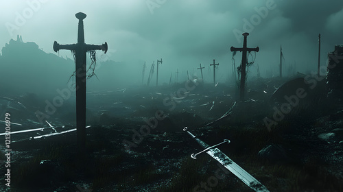 A foggy battlefield at night where broken swords and shattered shields are strewn across the earth. The cold, eerie atmosphere whispers of the battles fought here long ago.