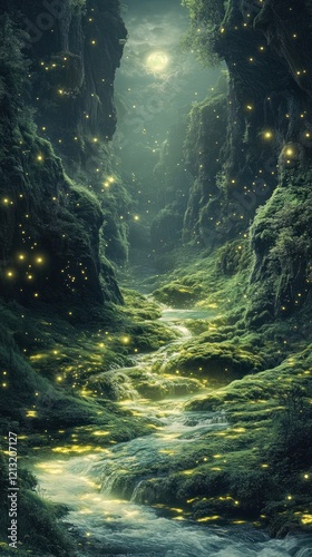 Wallpaper Mural Enchanted fairytale forest landscape with a serene and tranquil stream flowing through a lush verdant oasis  Glowing fireflies illuminate the mystical moonlit atmosphere creating a dreamlike Torontodigital.ca