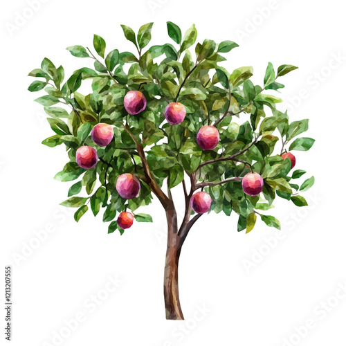 Hog Plum Tree with Fruit – Lush Watercolor Vector Illustration for Artistic Projects  
