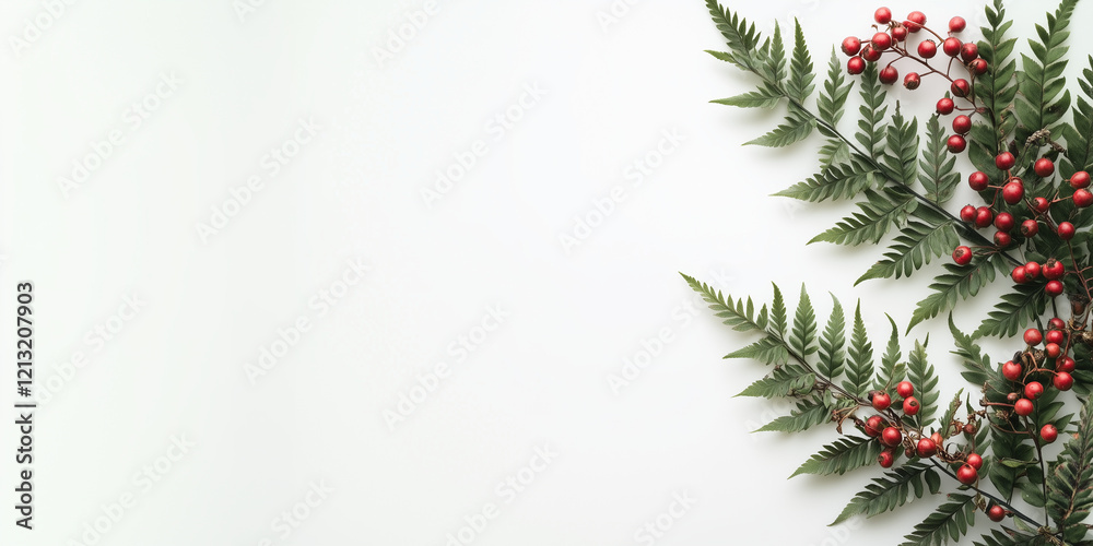 Clean white flat lay wallpaper with blank empty space for custom text with green leaves of ferns and other forest plants and red cranberries or rowan berries Clean white flat lay wallpaper with blank empty space for custom text with green leaves of ferns and other forest plants and red cranberries or rowan berries