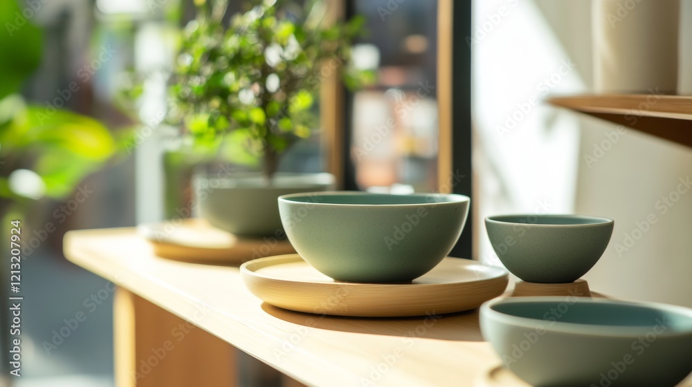 Minimalist green tea set on wooden table