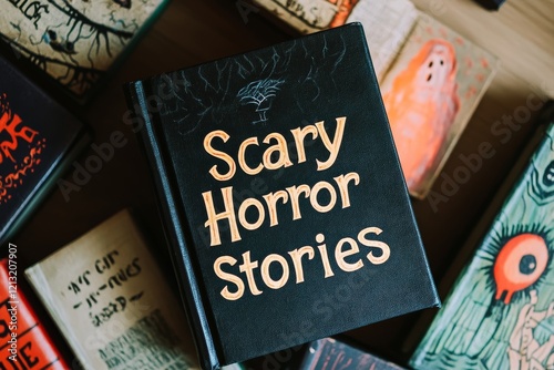 An overview of antique hardcover books, where the Scary Horror Stories book rests at the top