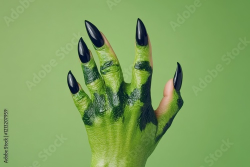 Creepy Halloween concept with a nightmare creature and an evil monster, highlighted by a scary zombie or demon hand with long, sinister black nails, isolated in green with a clip path cutout