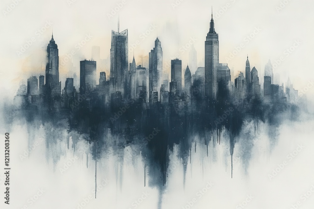 Obraz premium minimalist watercolor cityscape in muted grays and silvers soft edges blending into white space creating a dreamy urban atmosphere