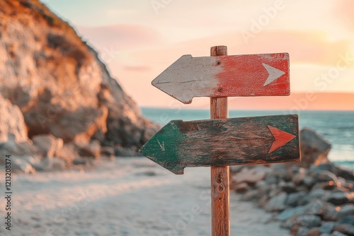 Pan cartes en bois déplacées sur une plage lors du coucher du soleil