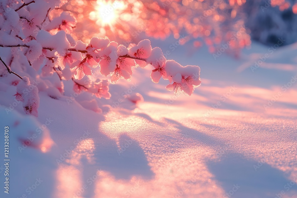 Fototapeta premium minimalist winter scene with snowladen cherry blossom trees casting long shadows on pristine snow rose gold sunset
