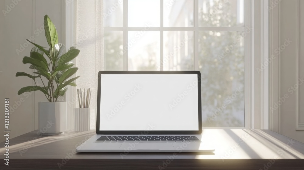 A sleek laptop sits on a desk bathed in natural light, with a small plant next to it. The sun filters through the window, creating a calm and inviting workspace ideal for productivity. A sleek laptop sits on a desk bathed in natural light, with a small plant next to it. The sun filters through the window, creating a calm and inviting workspace ideal for productivity.