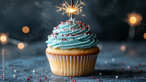 Blue cupcake with red and white sprinkles and lit sparkler on a blue background
