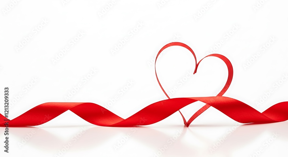 Stunning red ribbon art.  Heart shape and elegant ribbon on white background.  Valentines Day gift wrapping.