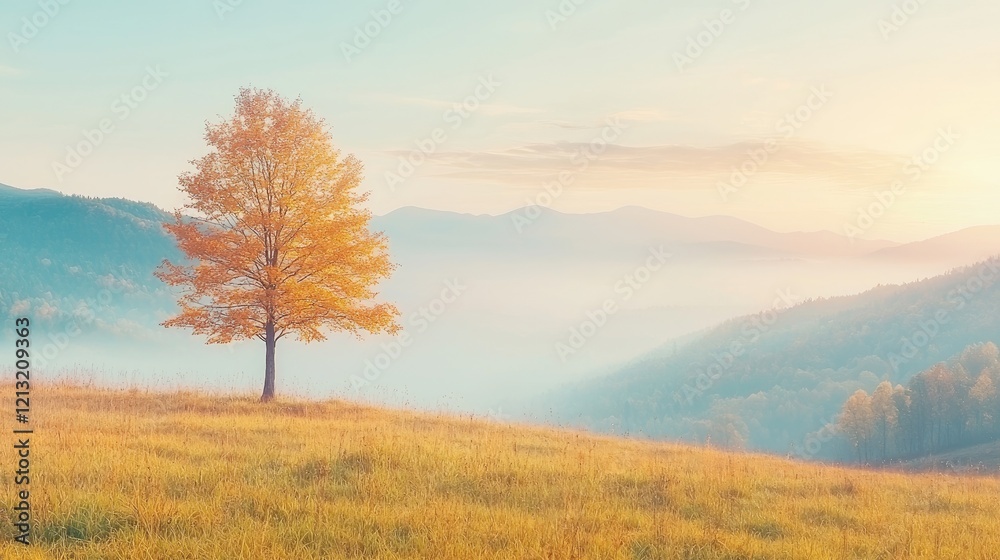 Solitary autumn tree on misty mountain peak at sunrise; peaceful landscape for nature posters Solitary autumn tree on misty mountain peak at sunrise; peaceful landscape for nature posters
