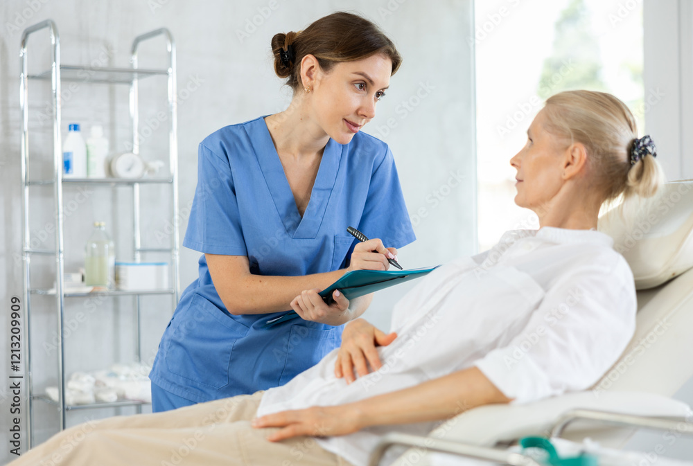 Fototapeta premium Doctor ask signing medical paper at appointment visit in clinic. Commercial medicine.