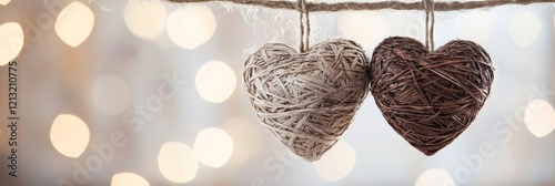 Valentines Day banner featuring beautiful woven hearts hanging against soft, sparkling background. Perfect for expressing love and romance. Ideal for card, decoration, social media post.