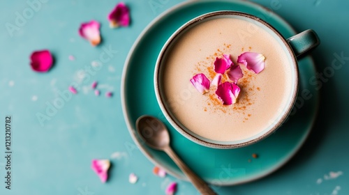 Overhead View of a Chai Latte with Rose Petals
