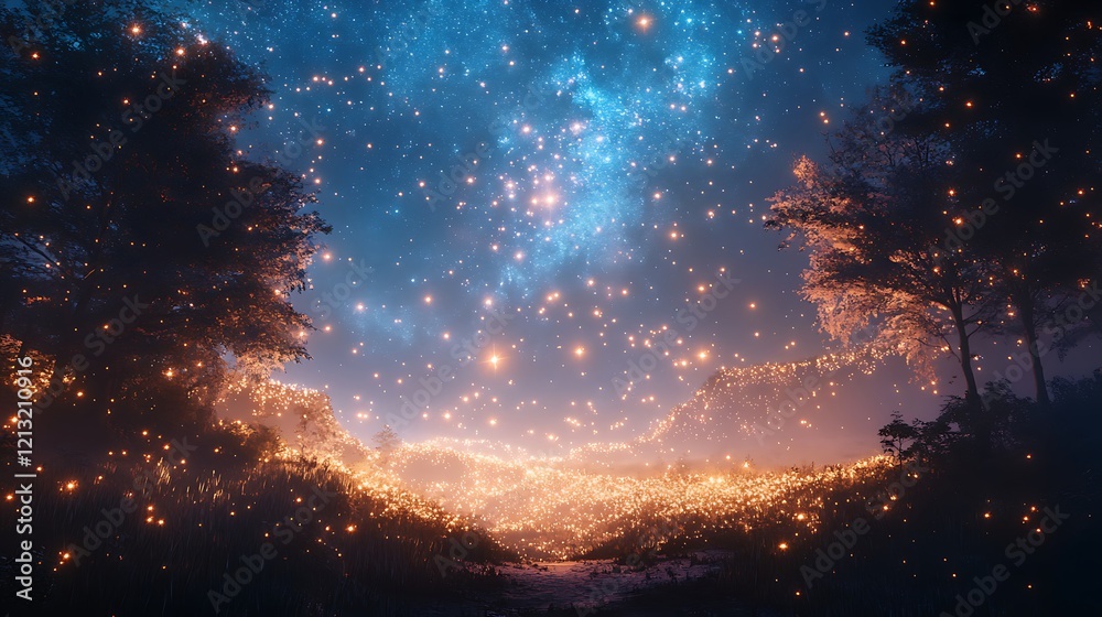 Open book releasing cosmic magic and glowing stars into the magical sky above Open book releasing cosmic magic and glowing stars into the magical sky above
