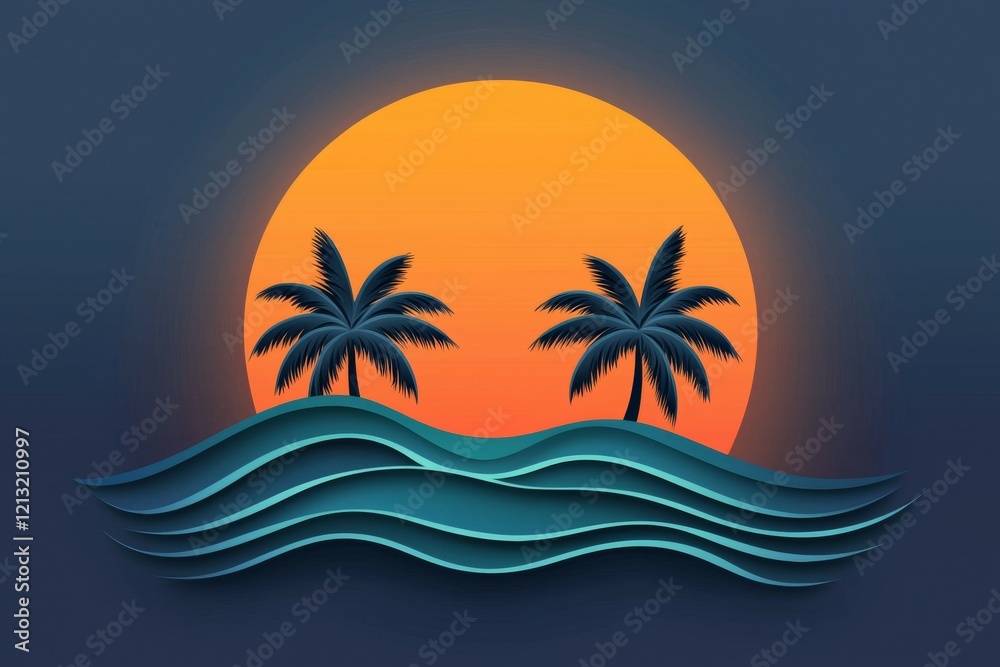 Tropical scene with two palm trees and a sunset in the background Tropical scene with two palm trees and a sunset in the background