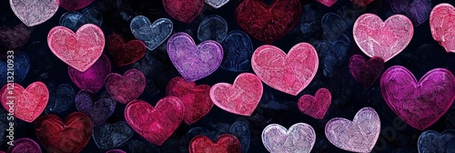 Vibrant Valentines Day banner filled with colorful hearts in shades of pink, red, and blue against dark background. Perfect for expressing love and joy, ideal for cards, decorations, social media.