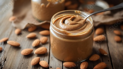 Glass jar and spoon of almond butter on wooden background