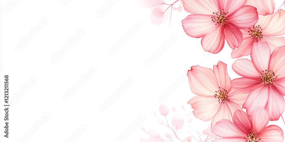 Fototapeta premium Pink cosmos flowers styled in a corner layout on a white background 