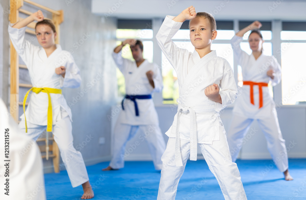 Obraz premium Boy and his family, dressed in kimonos, stand in row during class repeat hand movements and punches after man teacher. Experienced male instructor conducts personal karate training for large family