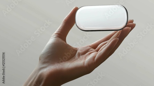 An elegant hand holds a sleek, modern gadget with a rounded shape against a minimalistic backdrop, emphasizing technology and design.