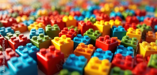 Colorful plastic building blocks fill image. Bright vibrant colours create playful, fun scene. Abstract geometric shapes, textures prominent. Image ideal for children play, education resources. Also photo