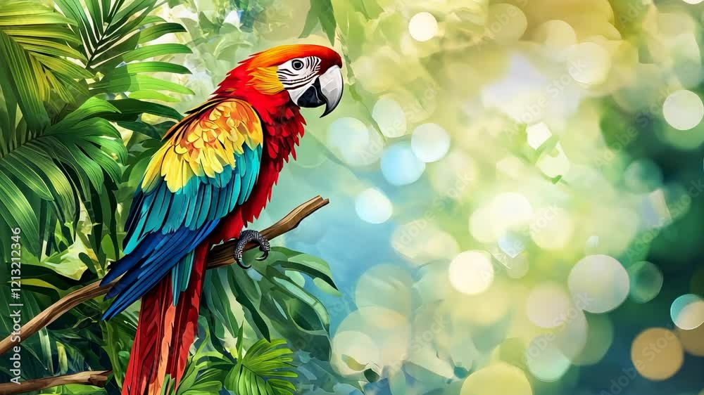 Vibrant macaw perched amidst colorful bokeh nature background Vibrant macaw perched amidst colorful bokeh nature background