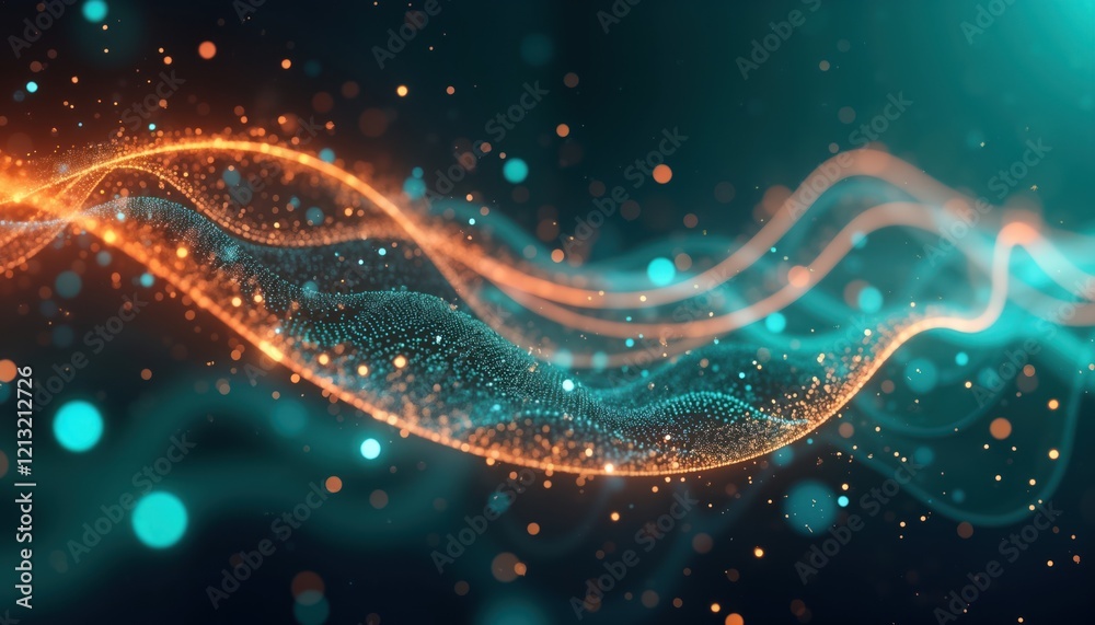 Abstract digital data flow. Dynamic particles flow in turquoise, orange. Futuristic tech concept. Data transfer visualized. Advanced tech. Abstract graphic. Elegant design. Innovative technology. Abstract digital data flow. Dynamic particles flow in turquoise, orange. Futuristic tech concept. Data transfer visualized. Advanced tech. Abstract graphic. Elegant design. Innovative technology.