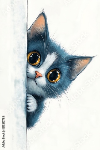 Cute calico blue cat peeking out from behind the wall with big eyes, white background, sticker design style, cute illustration