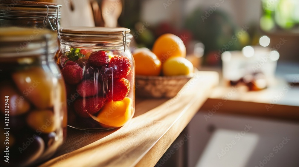 Preserved fruits and jars in a warm kitchen setting