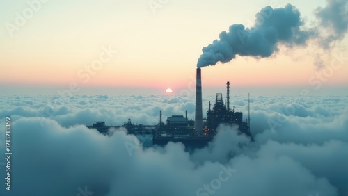 Large industrial plant emitting pollutants into the air. A polluted horizon filled with thick smog. photo