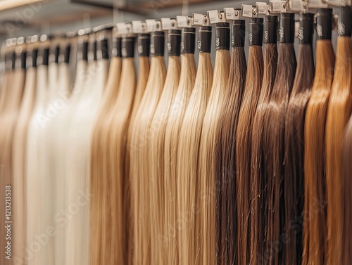 Close-Up of Hair Extensions in Various Shades on Display at a Hair Salon