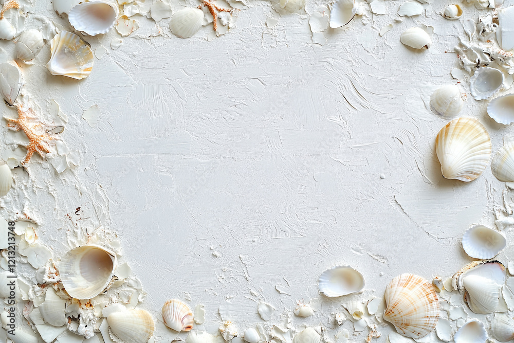 Fototapeta premium Seashells, corals and starfish on clean white background. Summer concept. Nautical pattern pastel colored. flat lay trend layout shells, sea stars, minimal style composition