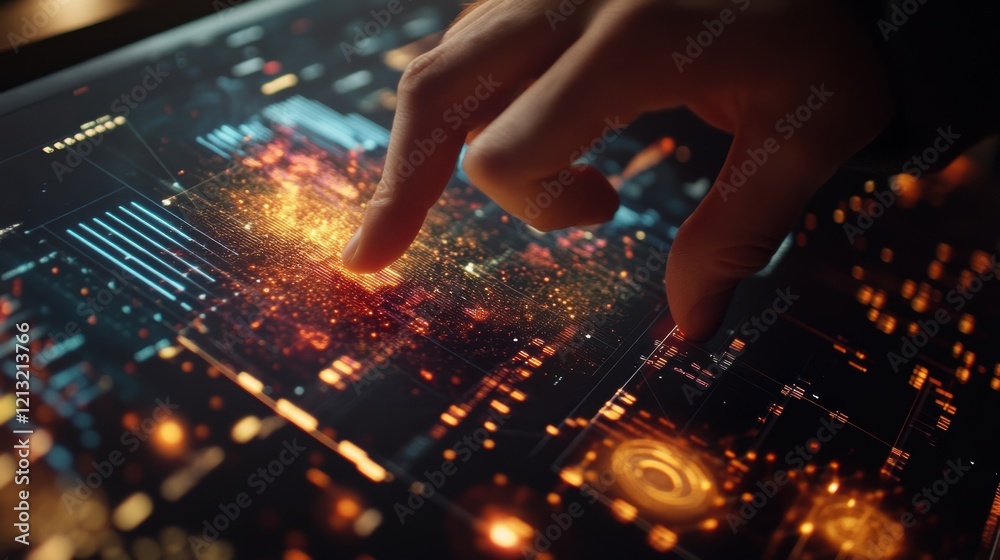 Close up of a hand interacting with a high tech screen displaying intricate data visualizations, suggesting advanced analytics and technological innovation in a professional setting