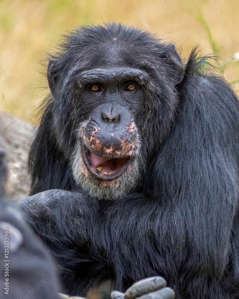 A close-up of a chimpanzee with expressive eyes in a natural habitat. A close-up of a chimpanzee with expressive eyes in a natural habitat.