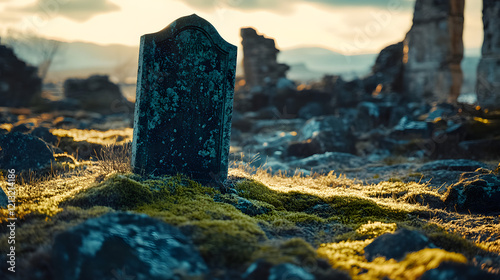 A gravestone overgrown with moss stands solemnly amidst the wreckage of an ancient battlefield. The remains of a collapsed siege tower cast long shadows in the fading light.