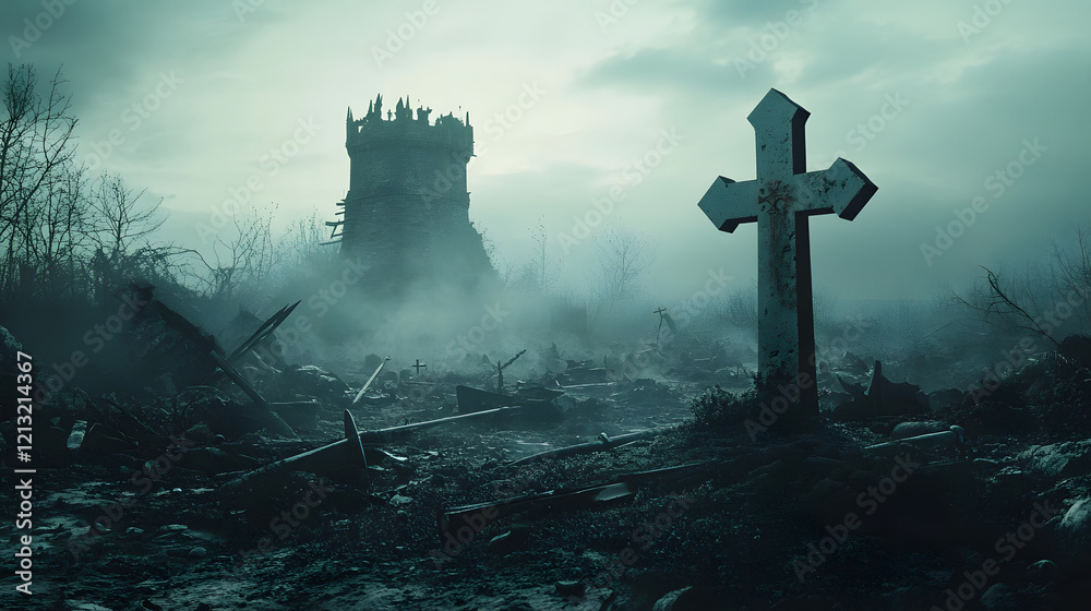 A gravestone stands amidst the scattered remains of a battlefield, surrounded by broken weapons and rusted armor. The silhouette of a destroyed siege tower rises in the background, a silent reminder o A gravestone stands amidst the scattered remains of a battlefield, surrounded by broken weapons and rusted armor. The silhouette of a destroyed siege tower rises in the background, a silent reminder o