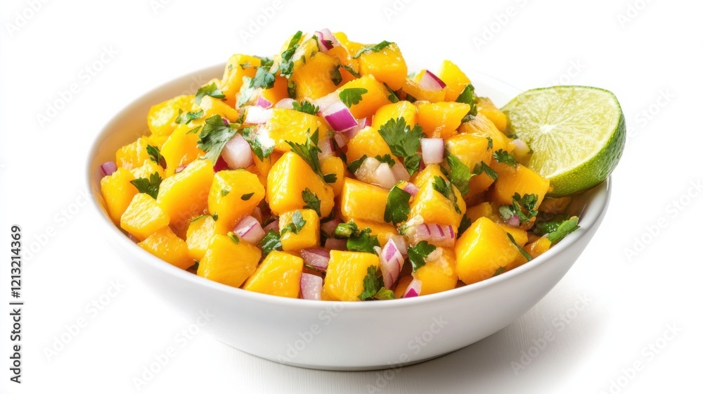A refreshing bowl of mango salsa with diced mango, red onion, cilantro A refreshing bowl of mango salsa with diced mango, red onion, cilantro