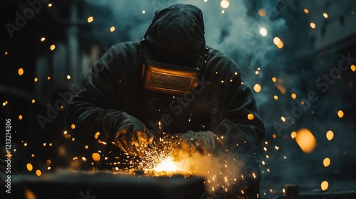 A welder with gold spark bokeh fire flame from cutting steel welding at industry factory.