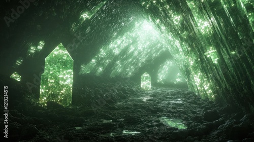 Ethereal and magical forest landscape with a misty glowing pathway leading through an ornate archway inviting the viewer to explore the mysteries and wonders of an enchanted otherworldly realm