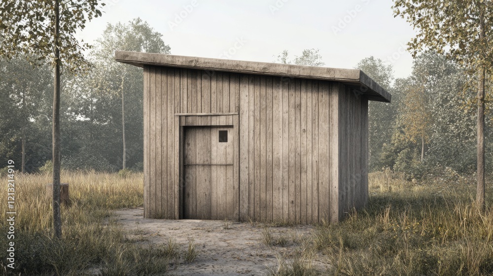 Rustic wooden shed in a misty forest clearing. Rustic wooden shed in a misty forest clearing.