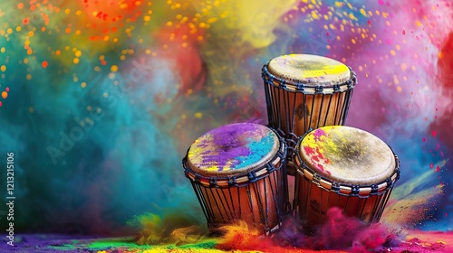 Vibrant Percussion: Djembe Drums in a Holi-inspired Explosion of Color