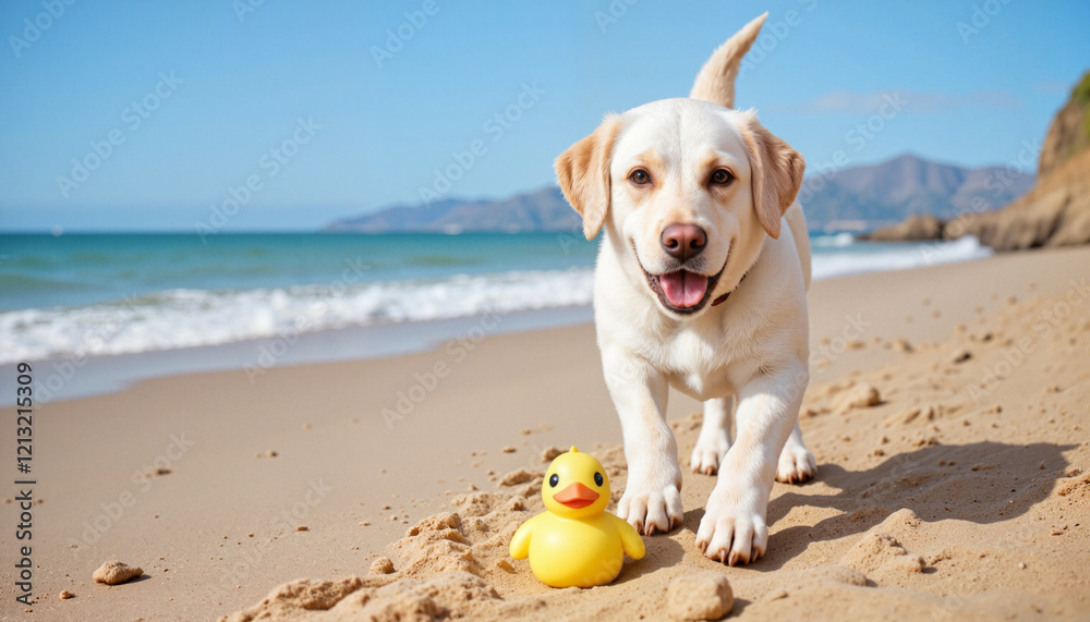 Lively Labrador puppy running on sandy beach with a yellow duck toy in sunlight Lively Labrador puppy running on sandy beach with a yellow duck toy in sunlight