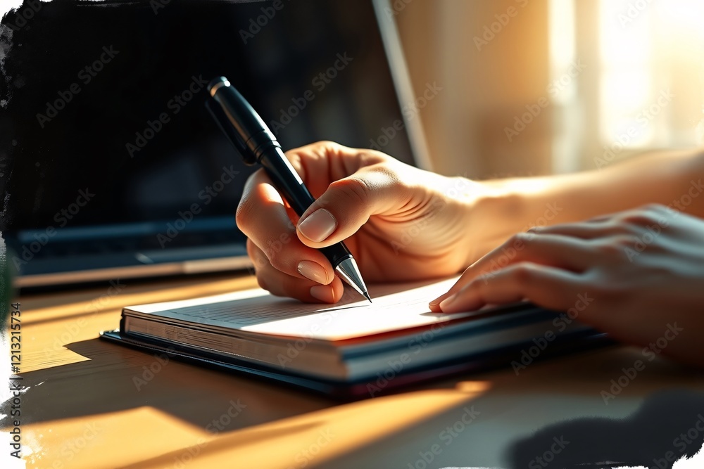 Close up shot of hand with a pen writing on notebook with laptop computer on office table. Close up shot of hand with a pen writing on notebook with laptop computer on office table.