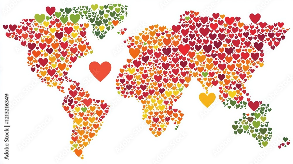 Fototapeta premium Harmony Day Understanding Friendship Love World map filled with colorful heart shapes.