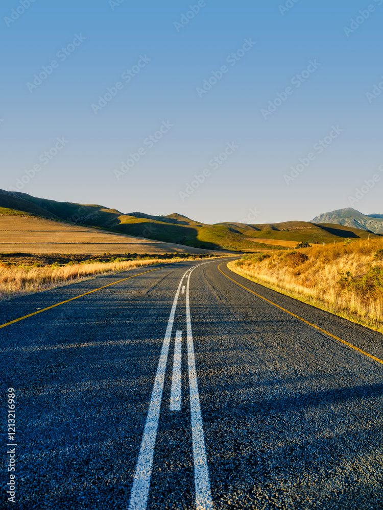 Vertical view of the scenic R43 road winding through golden harvested fields at sunset, Caledon, South Africa