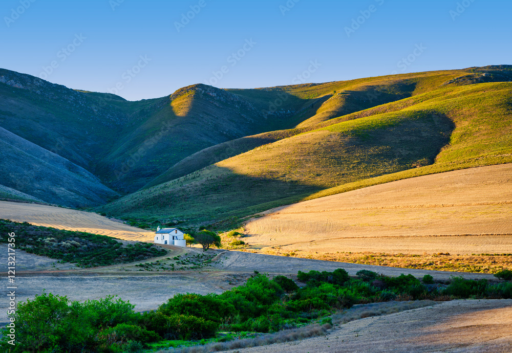 Farmhouse amidst rolling hills in the Overberg, Caledon, South Africa